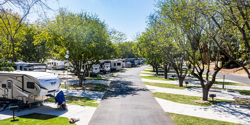 Tower park drive with many campsites lined up. 