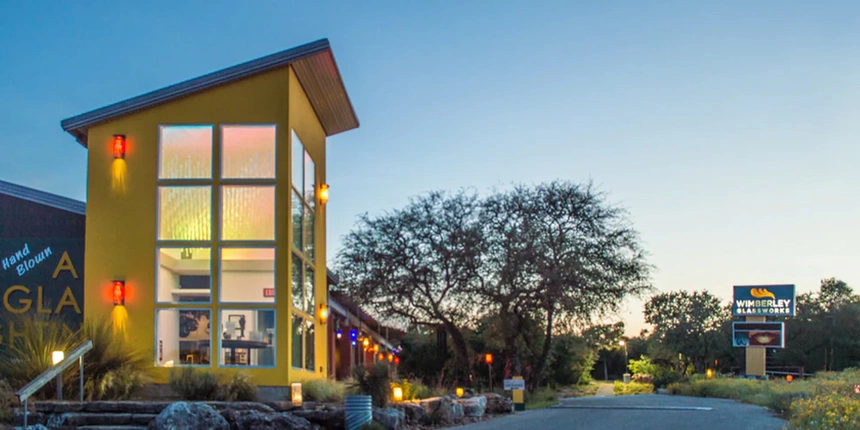 The Wimberly Glassblowing building where guests can see a lot of cool art!