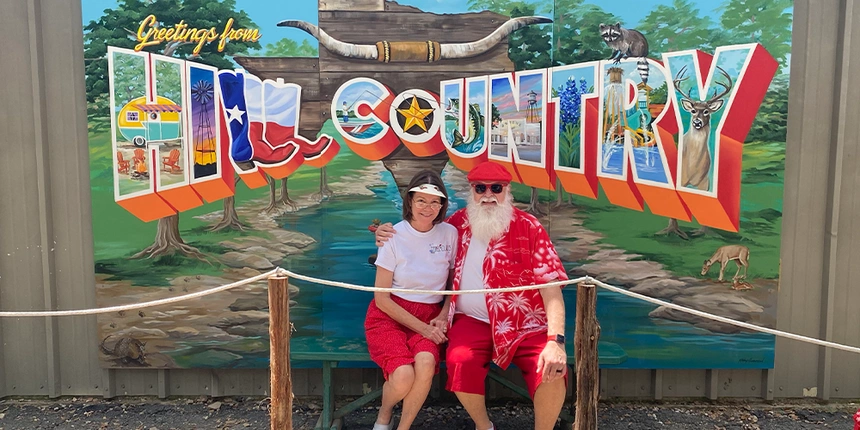 Santa and Mrs. Claus visiting the campers at our Texas campground.