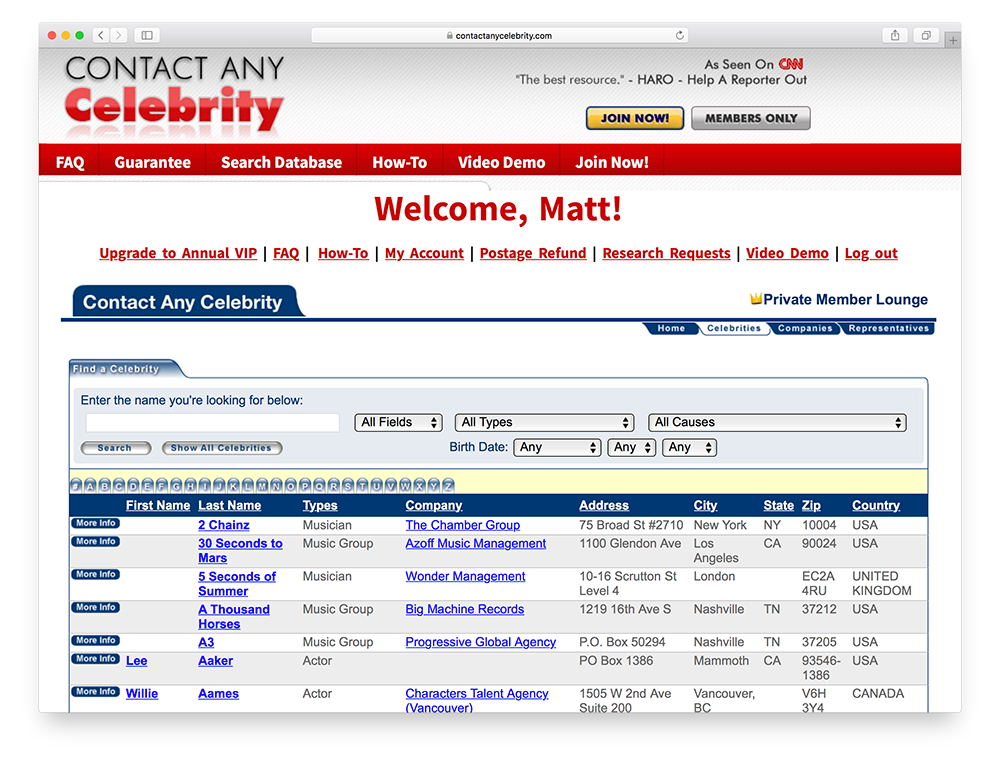 contact any celebrity homepage