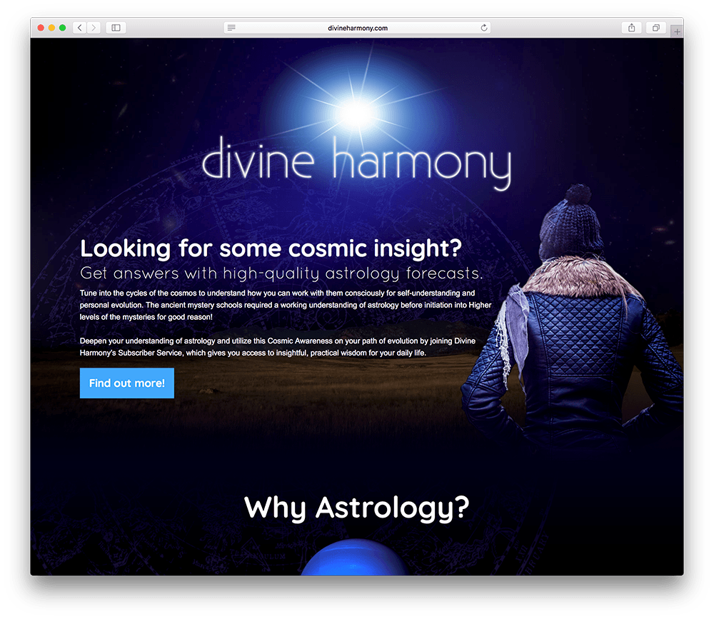 página de destino do site de associação de astrologia no wordpress