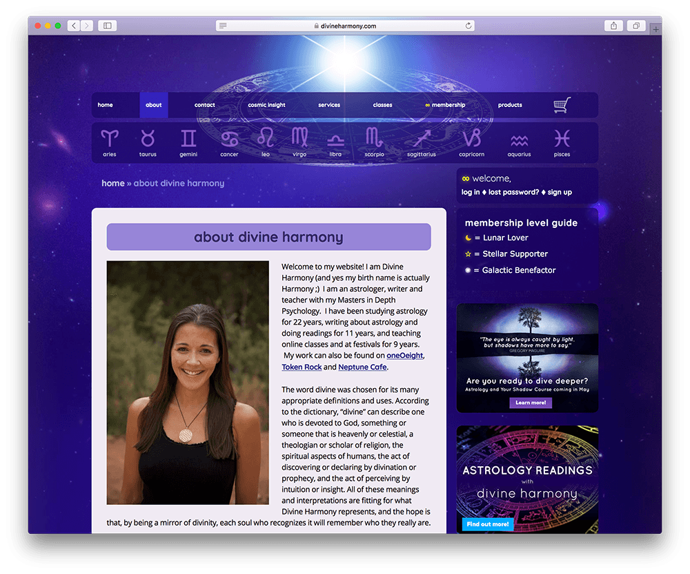 astrology membership site about page on wordpress