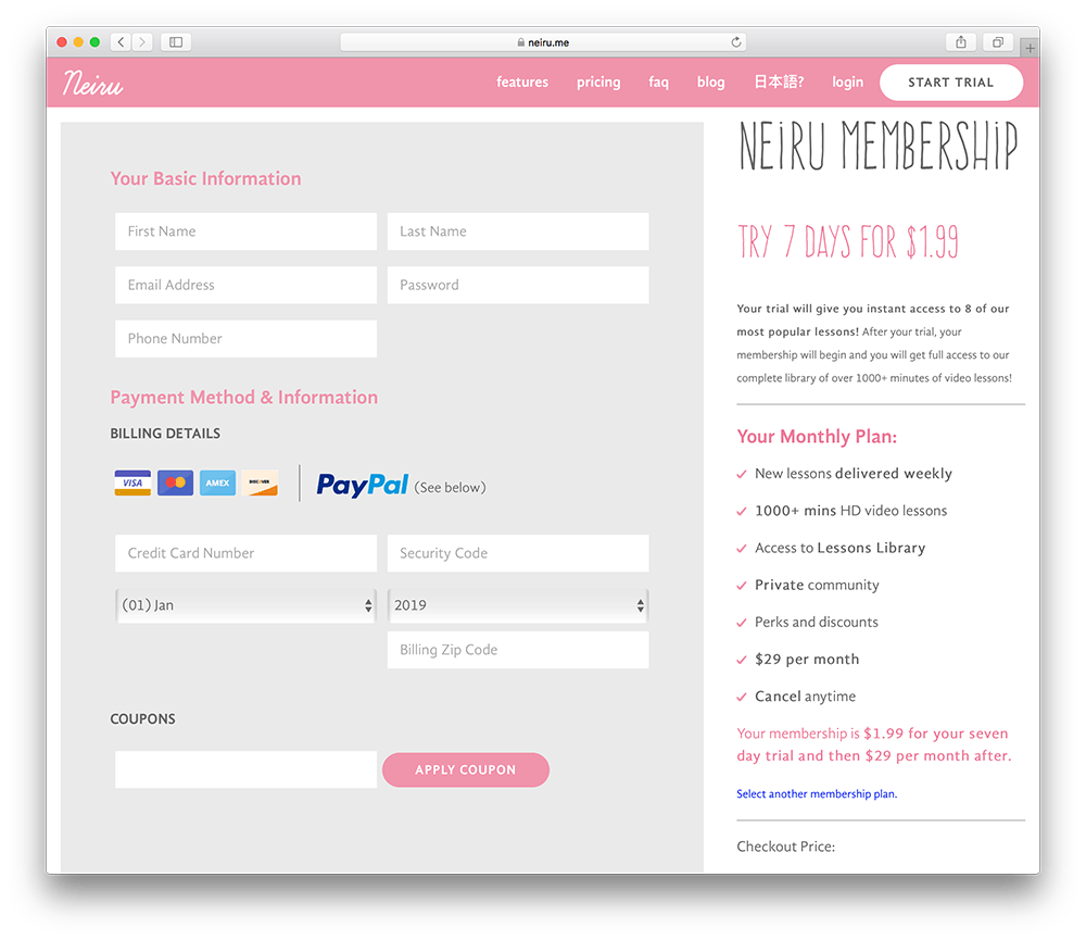 the checkout page of a wordpress membership site