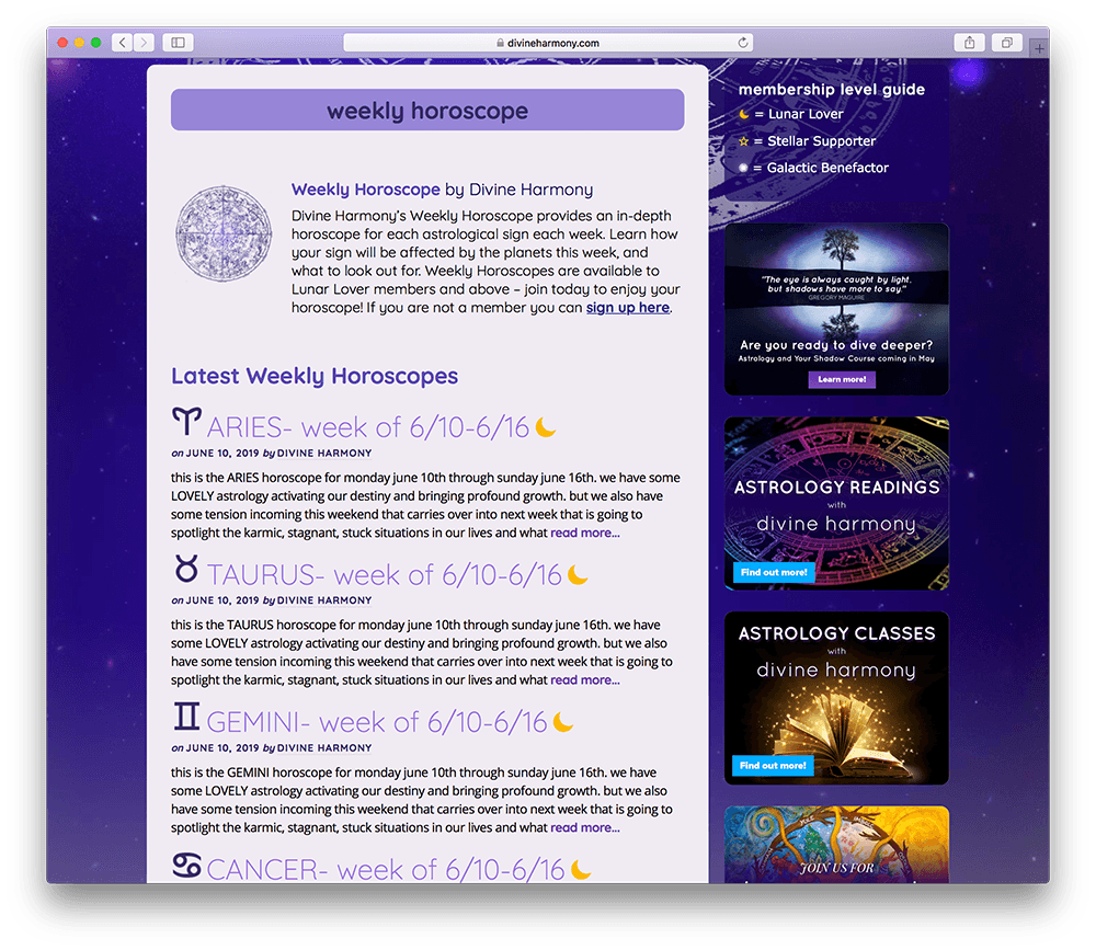 astrology membership site weekly horoscope page