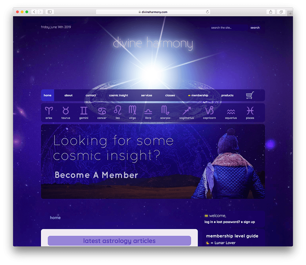 página inicial do site de associação de astrologia