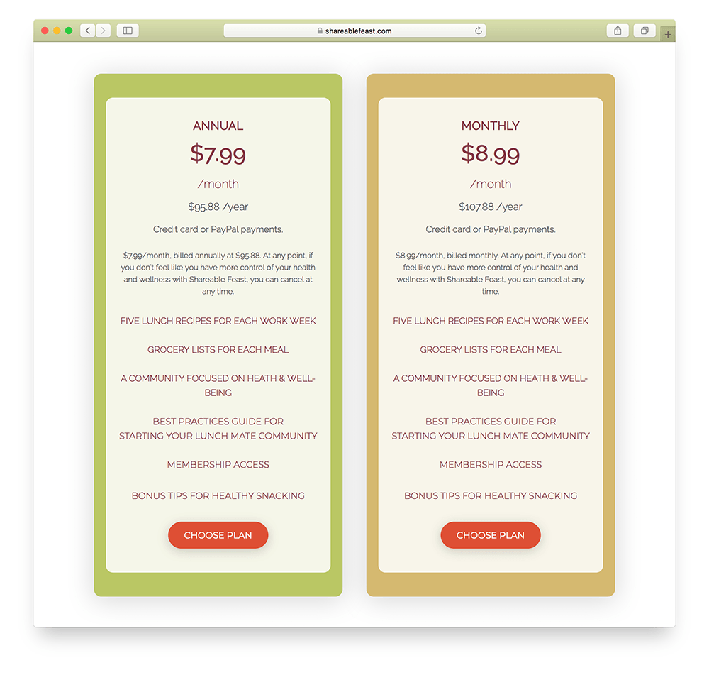 pricing page for an online subscription business