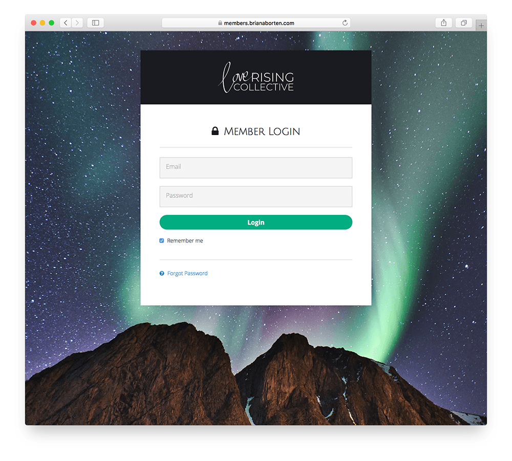 the member login page for the love rising collective membership site