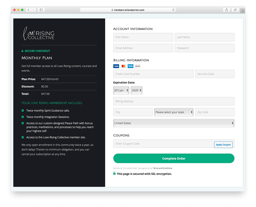 the checkout page for online membership site love rising collective
