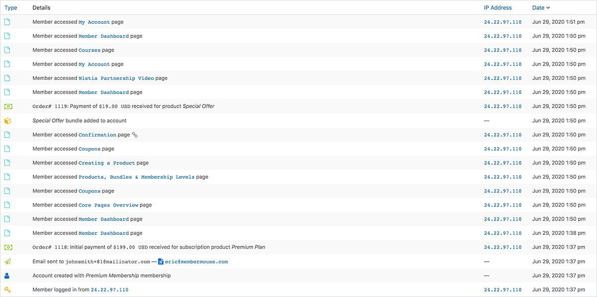 the member activity log