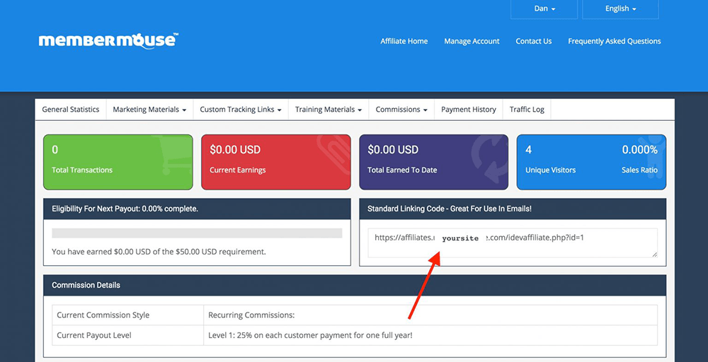 painel de controle da idevaffiliate