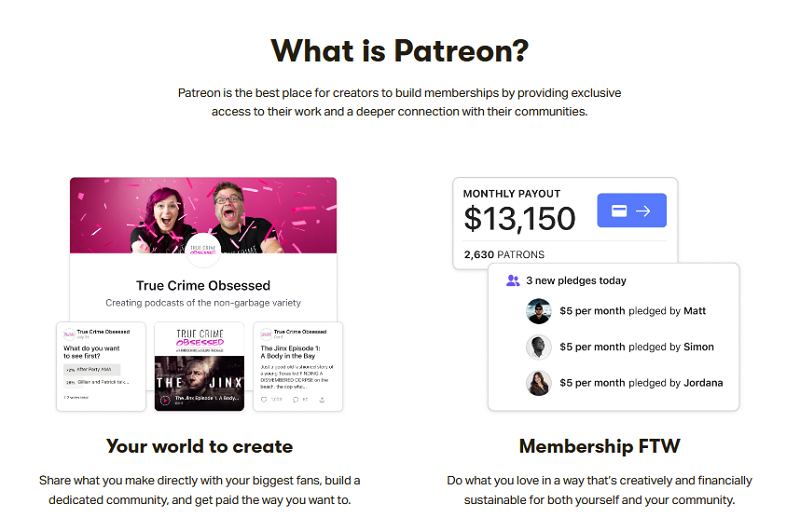 La página de inicio de Patreon.