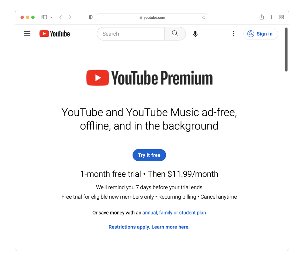 YouTube premium trial membership