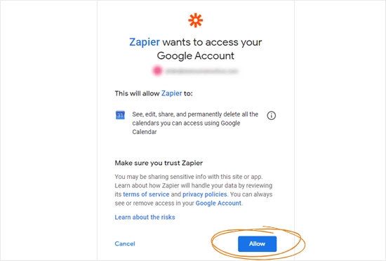 zapier access perrmission google calendar