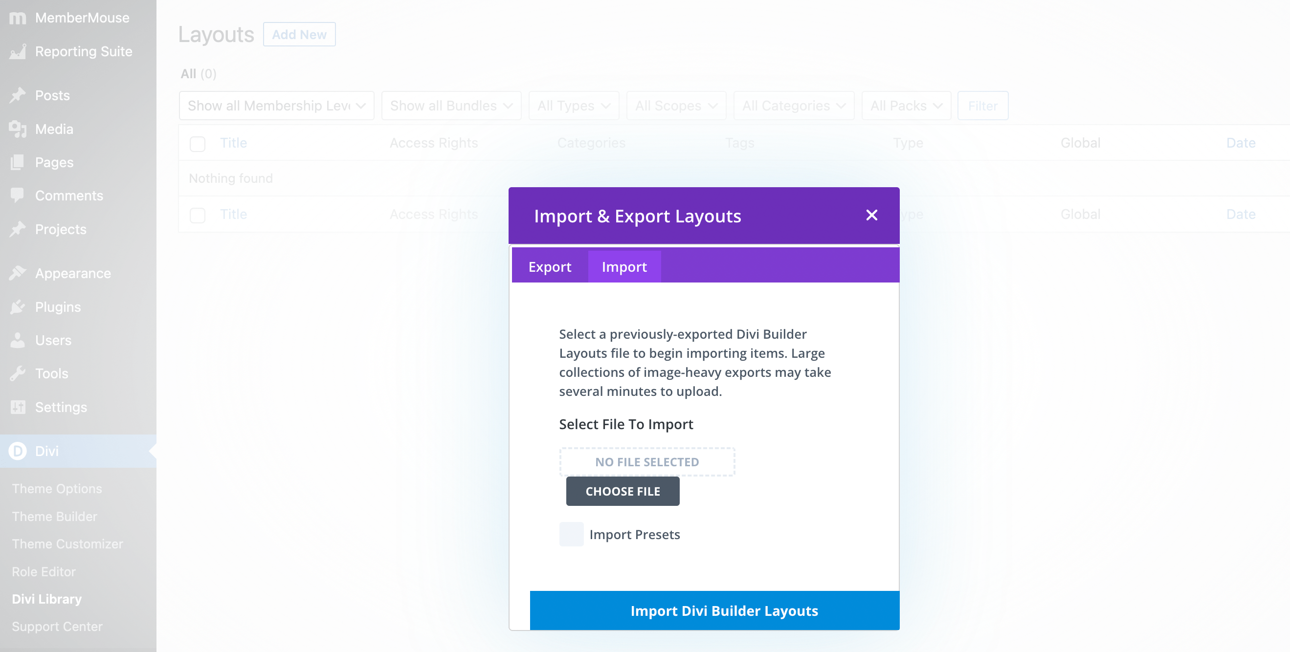 Import layouts in Divi