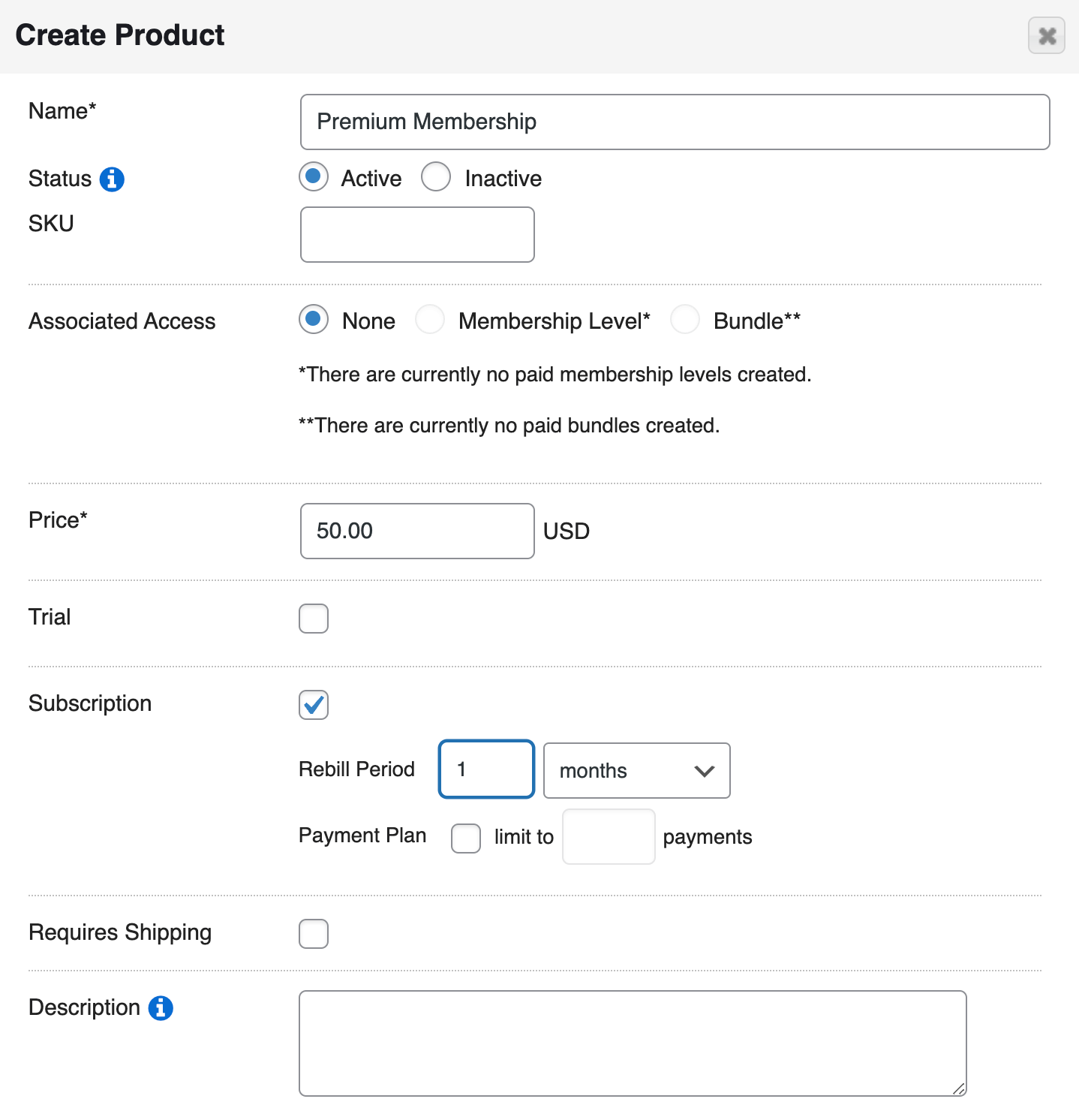 Criar detalhes do produto MemberMouse