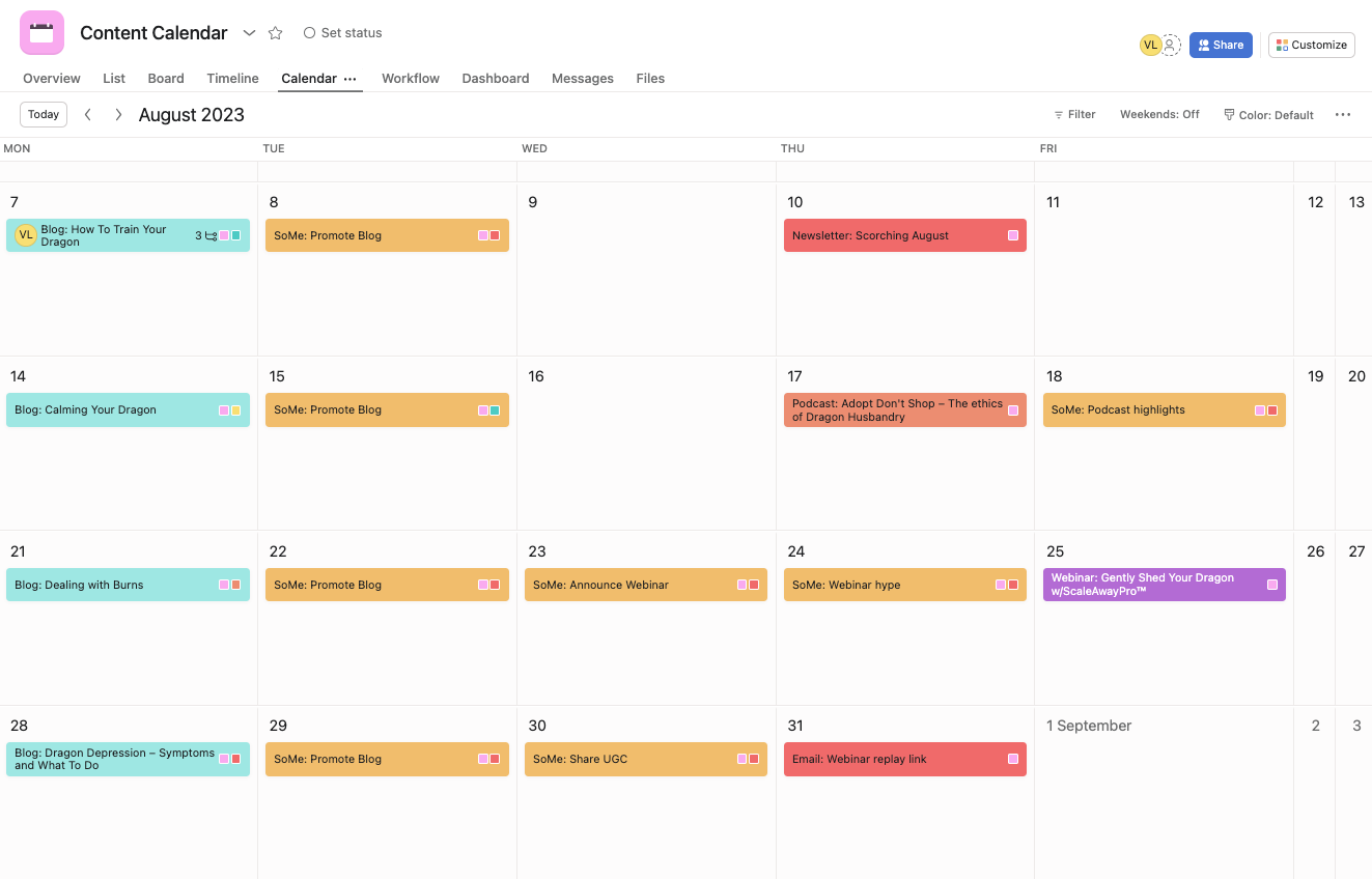 Ejemplo de calendario de contenidos en Asana