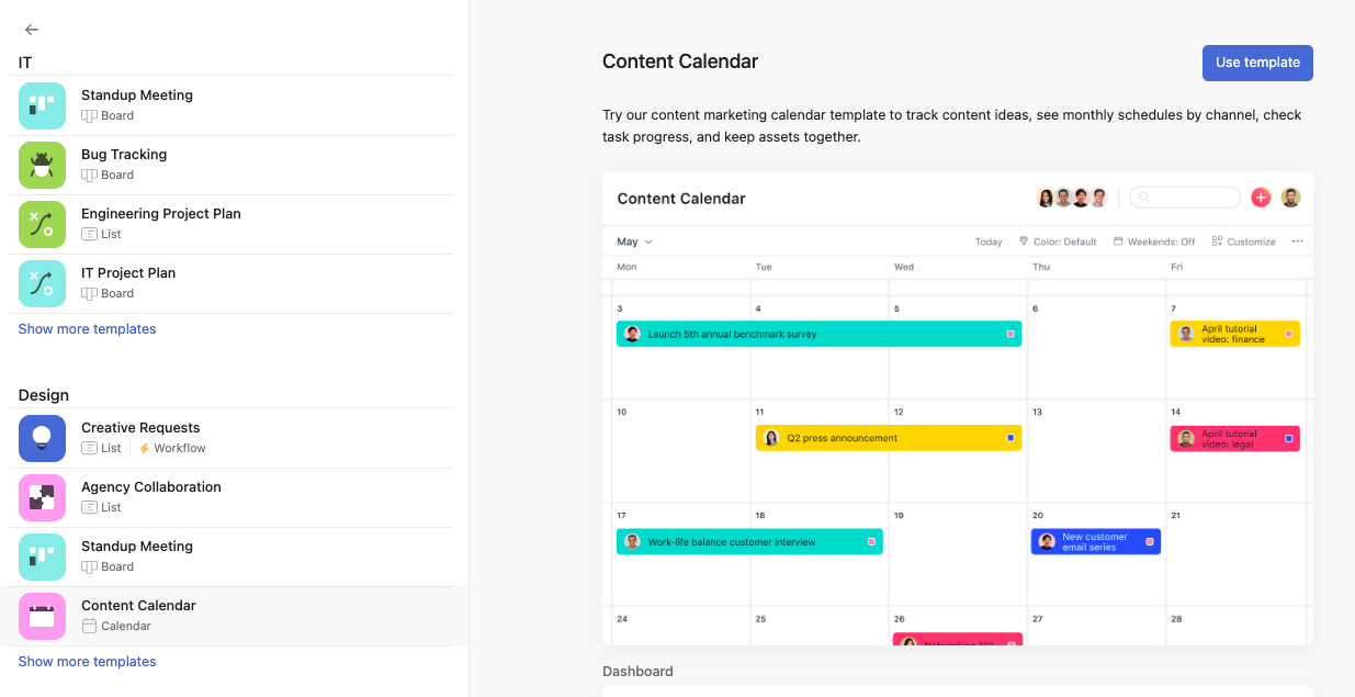 Modelo de calendário de conteúdo da Asana