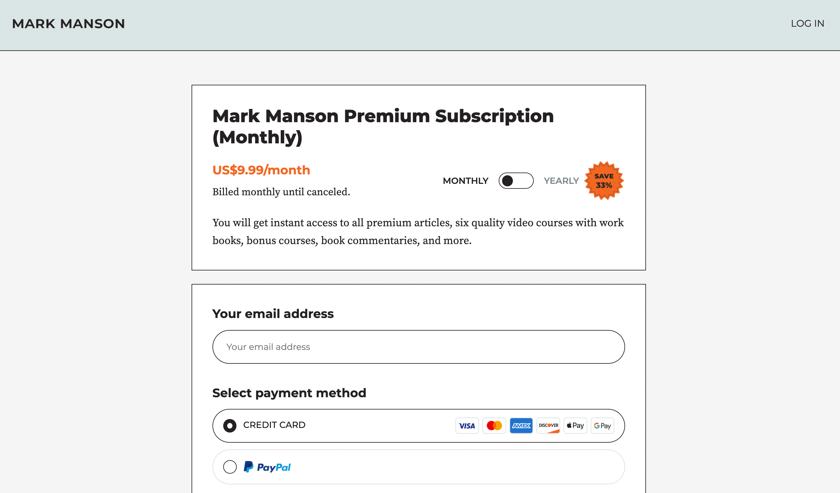 Mark Manson's subscription pricing plans