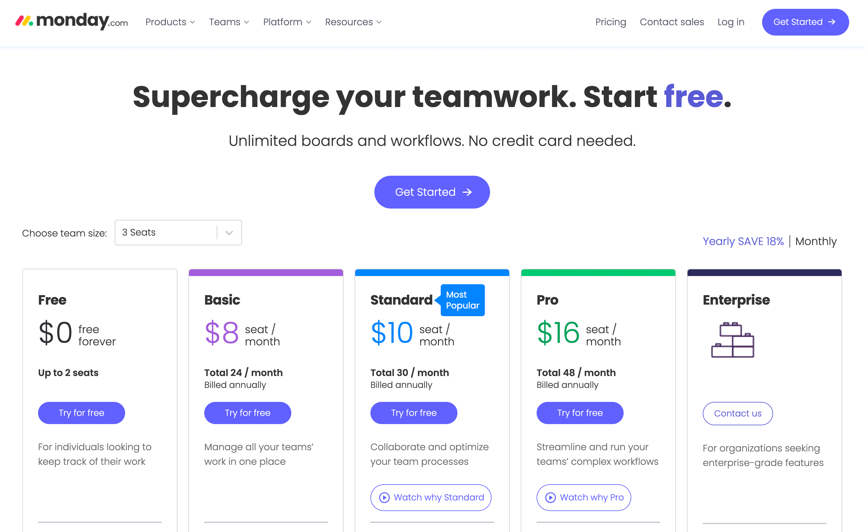 Monday.com's pricing page - the project management software offers custom enterprise options