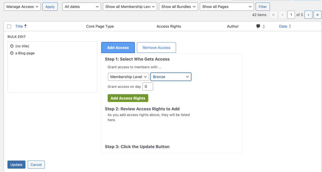 How to configure access rights for existing video pages