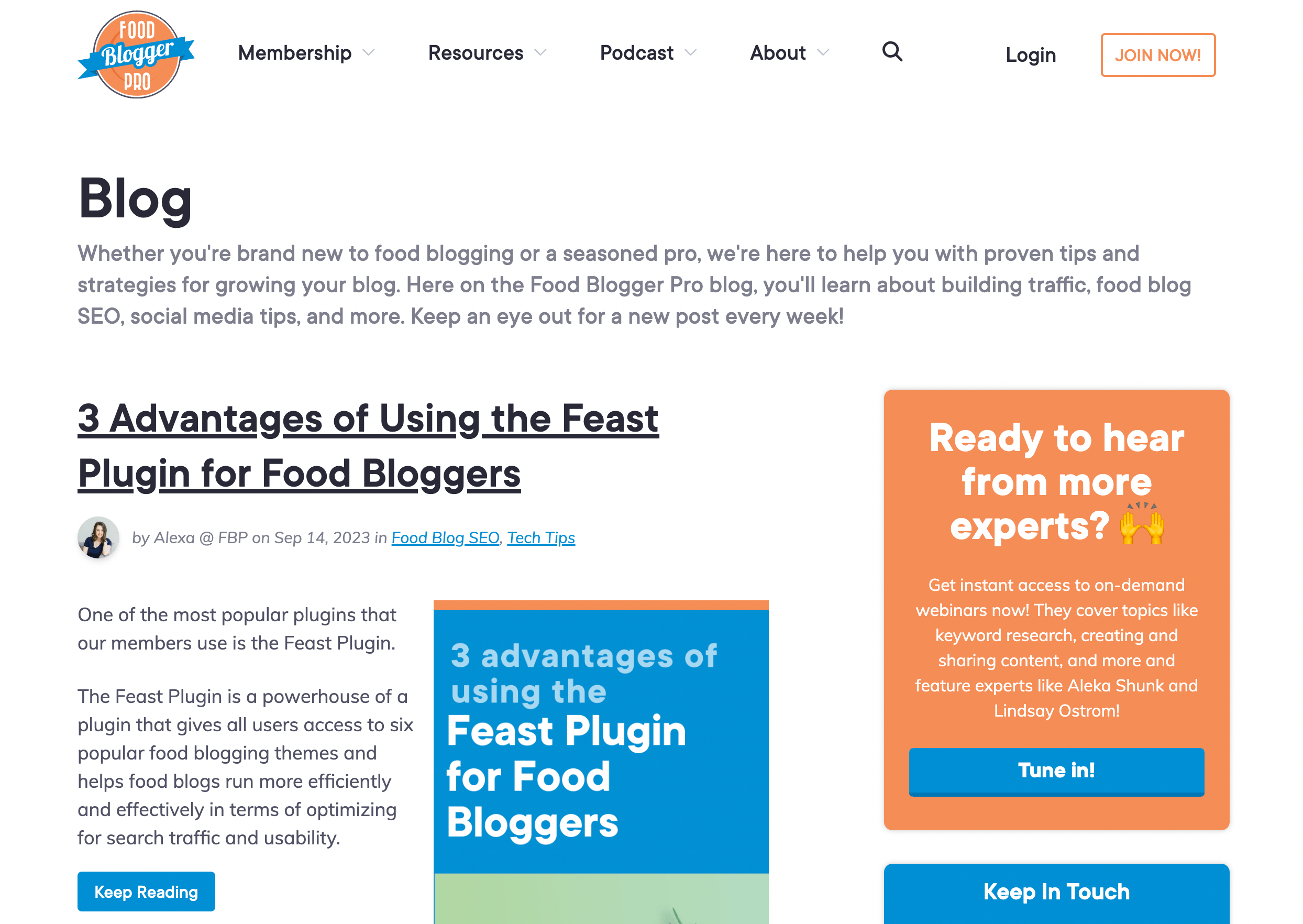 The article feed on the Food Blogger Pro website