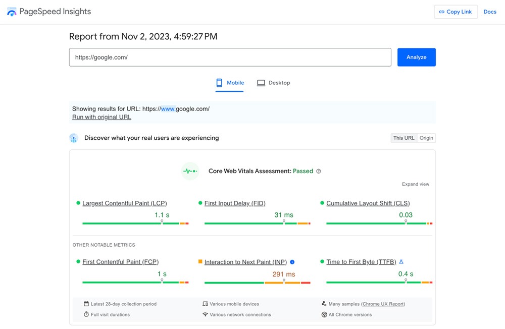 google page speed insights