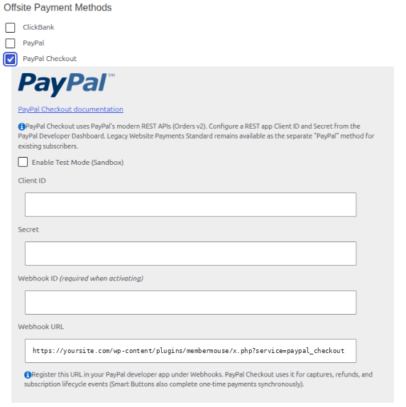 PayPal Checkout settings