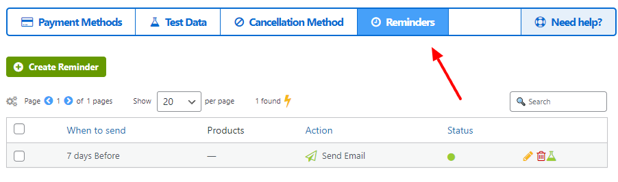 Reminders page showing navigation tabs and a list item for a '7 days Before' email reminder (Status: active).