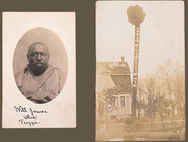 Portrait of Will James. Circa 1907, Cairo, illinois. Gelatin silver print. Real photo postcard. 3 1/2 x 5 1/2" ink inscription under oval portrait, "Will James (alias) Froggie."
