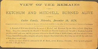 Stereograph of the burnt and partially skinned corpses of Ami "Whit" Ketchum and Luther H. Mitchell. December 10, 1878, Calloway, Custer County, Nebraska.