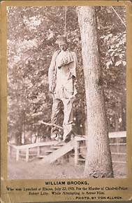Badly beaten corpse of William Brooks, his clothes ripped and torn, a branch fastened to his left leg. July 22, 1901, Elkins, West Virginia.