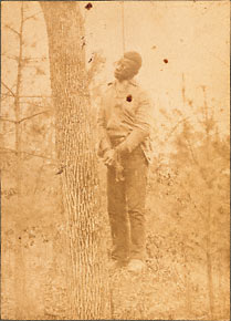 The lynching of George Meadows, his body hanging from a hardwood tree.