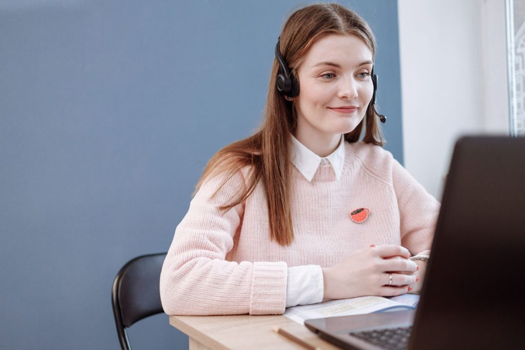 Virtual receptionist at her desk