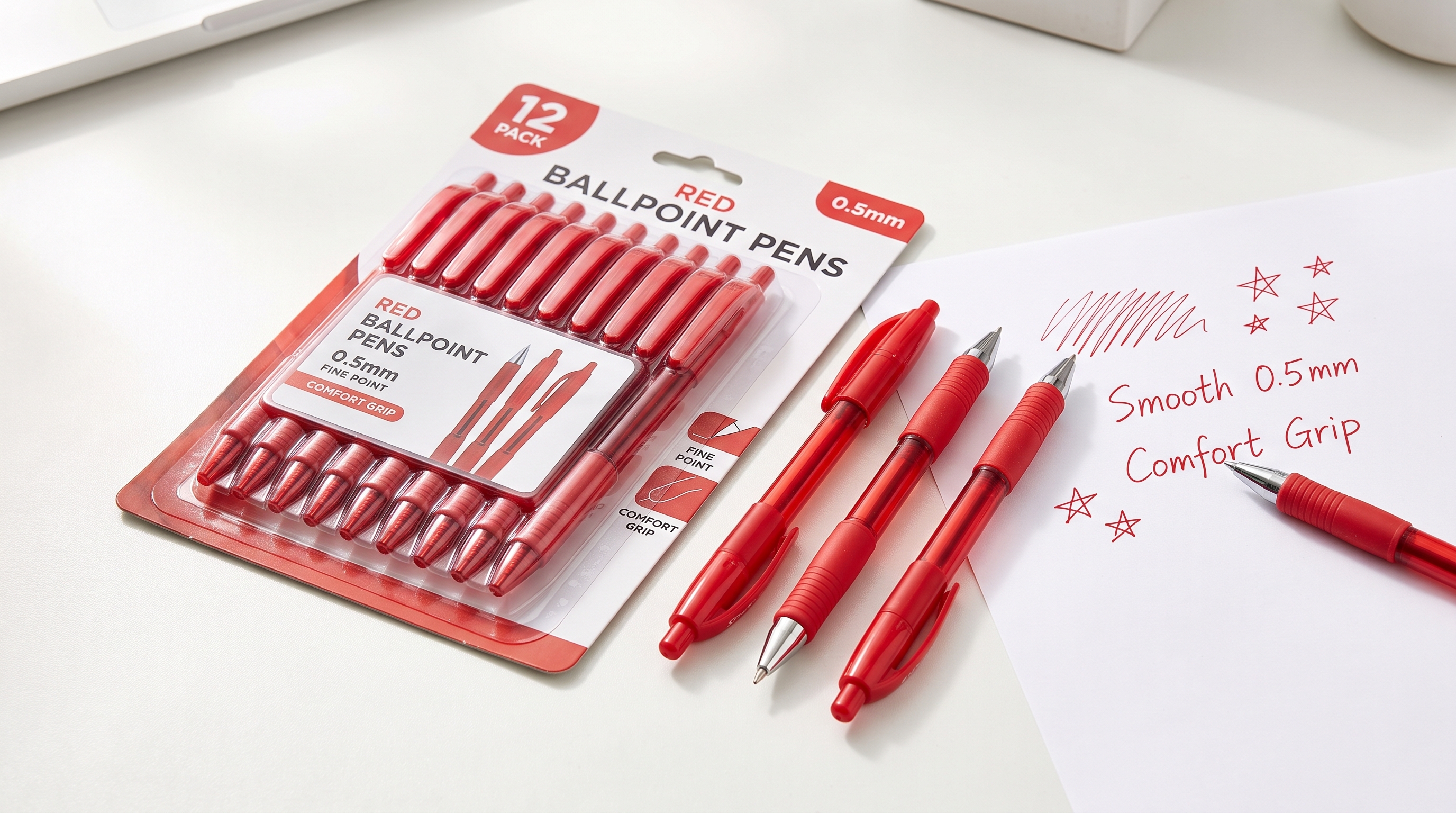 12 x Red Ballpoint Pens 0.5mm Comfort Grip Under 7 Dollars