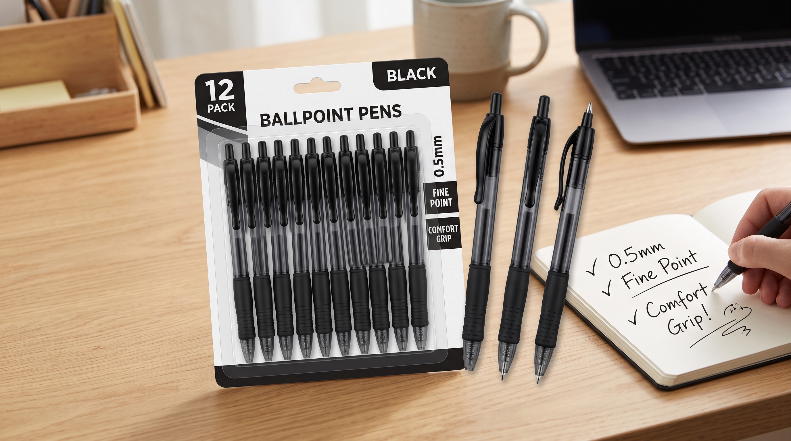 12 x Black Ballpoint Pens 0.5mm Comfort Grip Under 7 Dollars