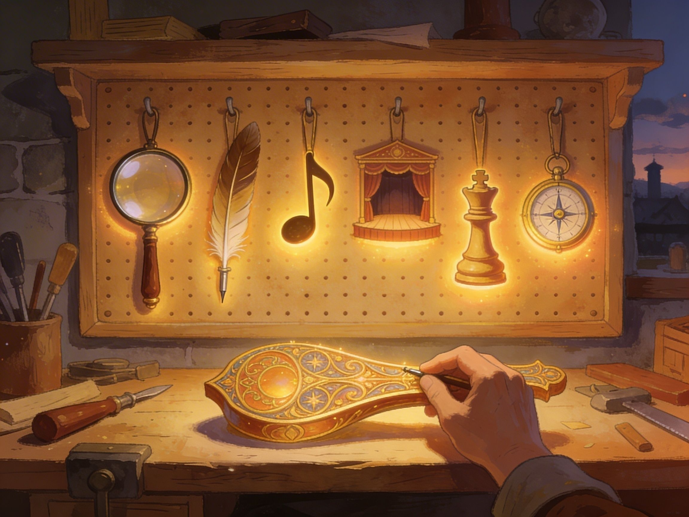 A craftsman's workshop with six glowing tools on a pegboard — metaphor for the six evidence-backed methods that help C1 learners reach C2 fluency