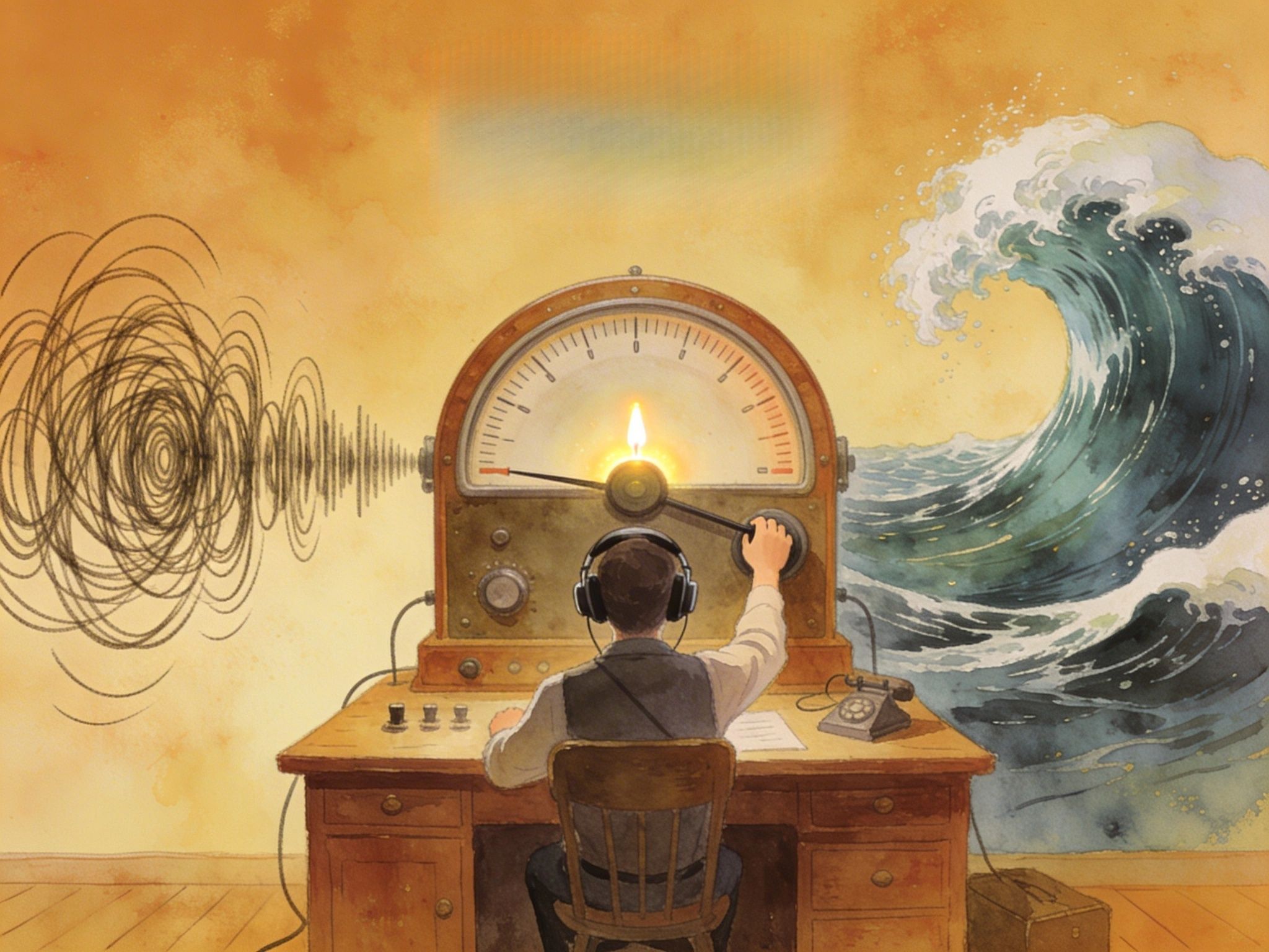 A vintage radio operator tuning a dial between static and overwhelming opera, finding a glowing sweet spot — metaphor for the comprehensible input problem in intermediate language learning