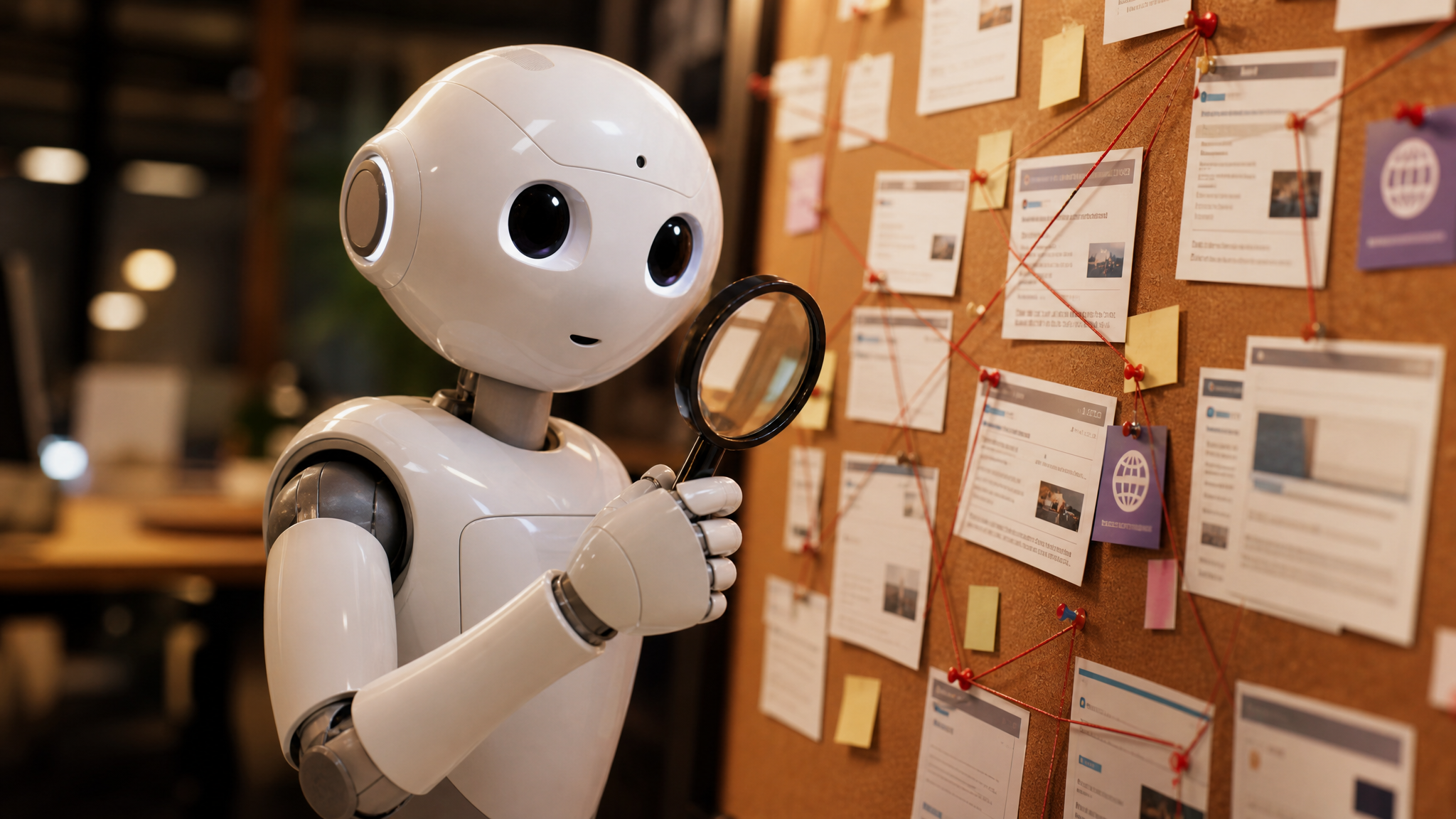 A white robot studies AI search citation clues on a detective board