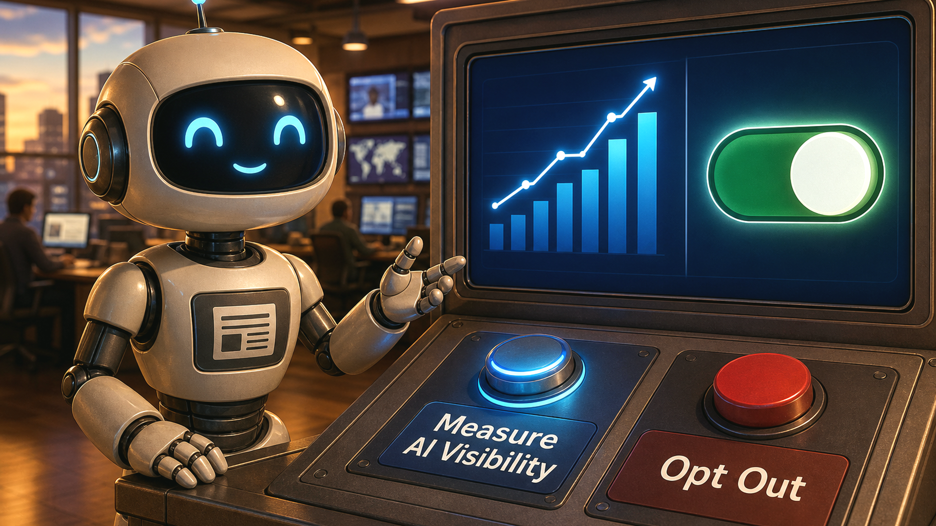 Friendly Visibility Report robot at publisher control panel with Measure AI Visibility and Opt Out controls.