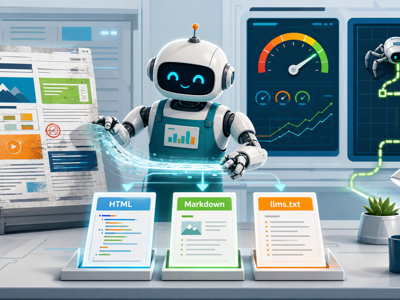 Friendly robot at a technical workbench converting a web page into clean HTML, Markdown, and llms.txt outputs for an AI crawler.