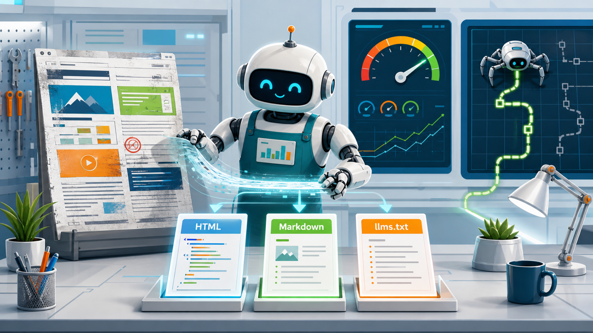 Friendly robot at a technical workbench converting a messy web page into clean HTML, Markdown, and llms.txt outputs while an AI crawler follows the parseable path.