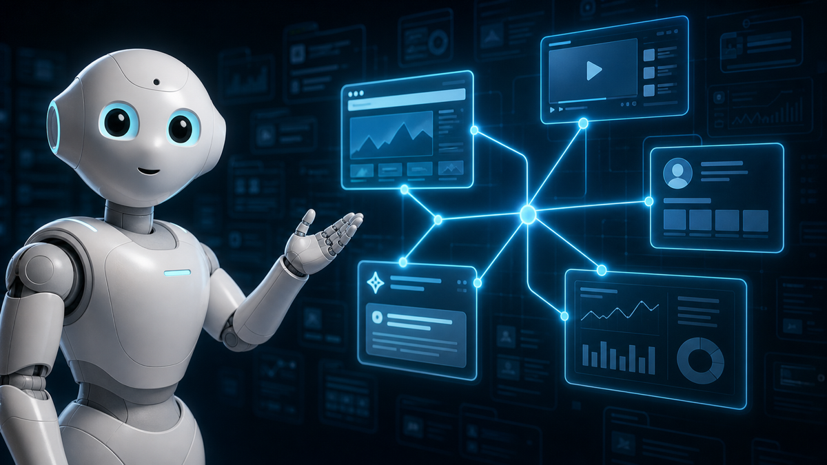 Friendly white robot presenting a glowing cross-platform visibility graph connecting website, social, video, AI citation, and analytics cards.