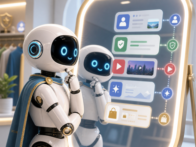Friendly white robot examining its personalized search-source identity in a smart mirror surrounded by citation, video, trust, and ad-surface cards.