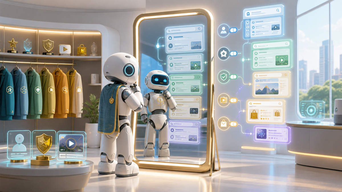 Friendly white robot examining its personalized search-source identity in a smart mirror surrounded by abstract citation, video, trust, and ad-surface cards.