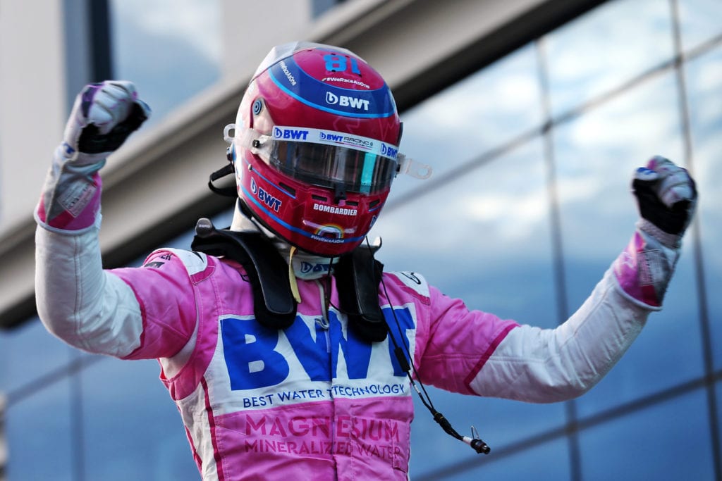 Lance Stroll celebrates his pole position in qualifying parc ferme © XPB Images