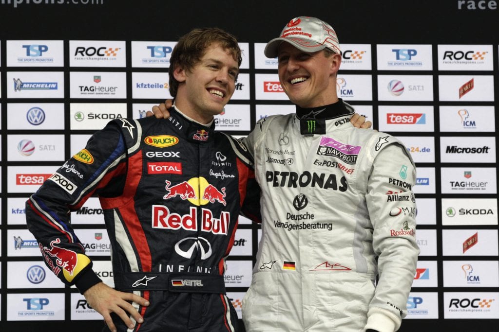 Sebastian Vettel and Michael Schumacher at the 2011 Race of Champions © XPB Images