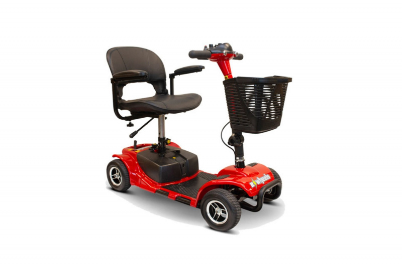 A small lightweight electric scooter available to rent, with a basket at the front and a seat with armrests.