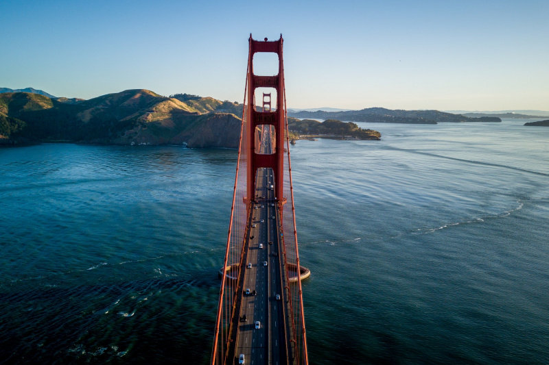 Golden Gate Bridge crosses blue waters