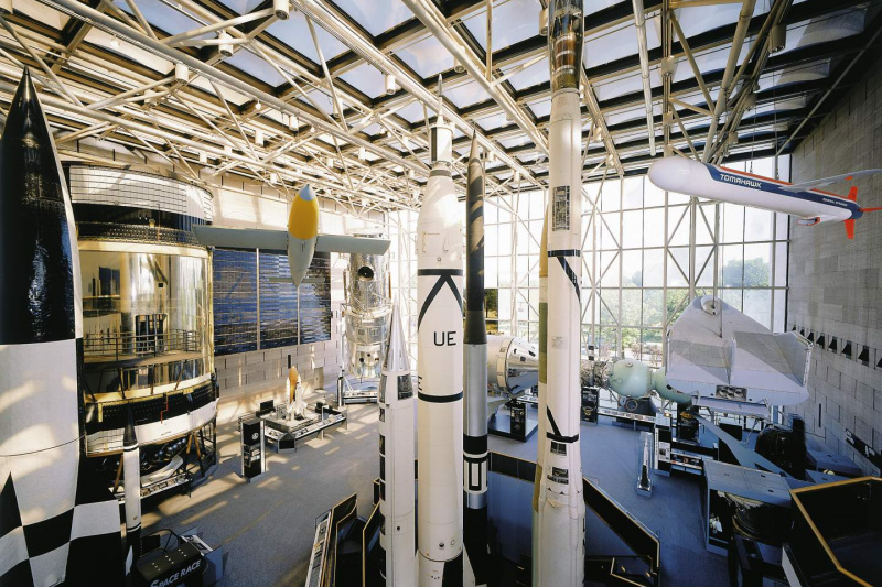Space rockets are exhibited.