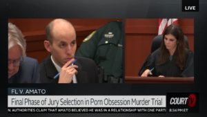 split screen shows judge and defendant in court